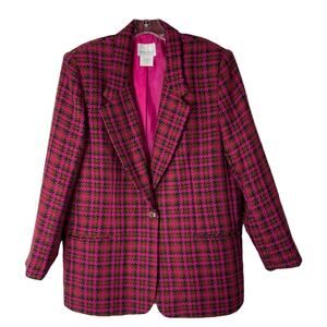 Vintage pink brown black houndstooth button woven blazer jacket oversized 14P